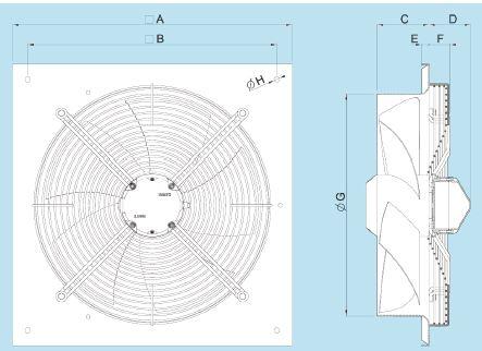 EQ T wall mounted axial fan dimensions