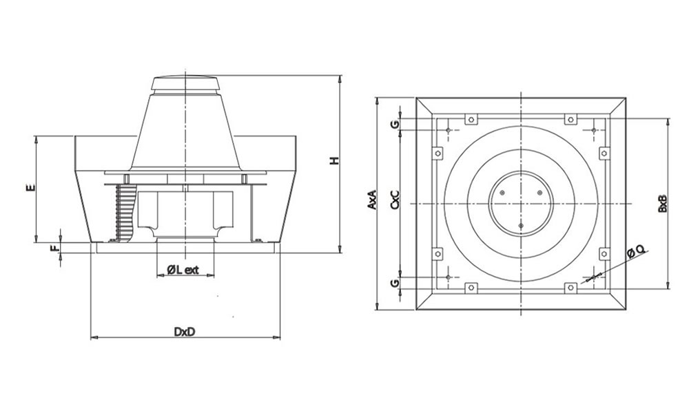 TRT Vortice 400 V standard series roof mounted fan with vertical discharge metric dimensions