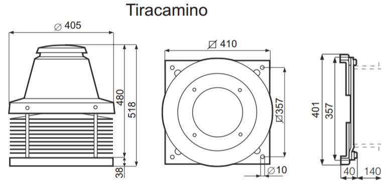 Tiracamino roof mounted chimney fan range dimensions in mm