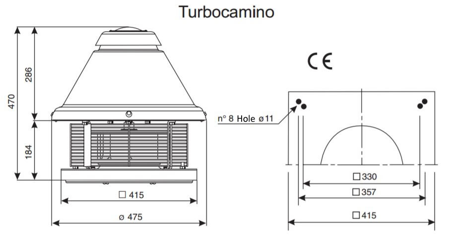 Turbocamino Vortice roof mounted chimney fan range dimensions in mm